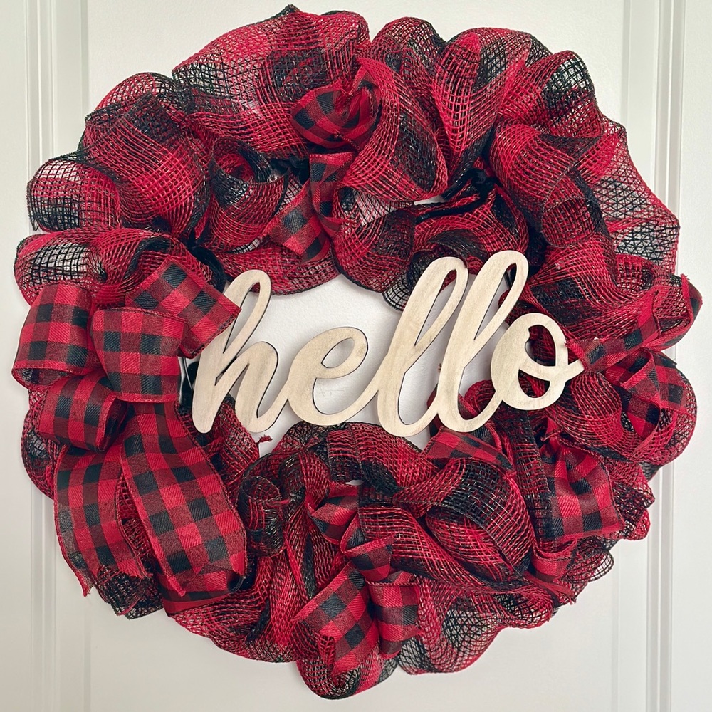 Buffalo Plaid Hello Wreath Red & Black Farmhouse Door Decor All Season 24 In
